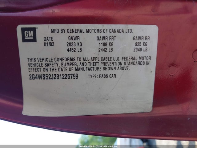 Продаж на аукціоні авто 2003 Buick Century Custom, vin: 2G4WS52J231235799, номер лоту: 45636585