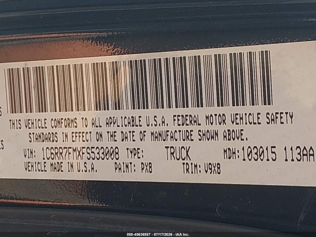 Aukcja sprzedaży 2015 Ram 1500 Tradesman, vin: 1C6RR7FMXFS533008, numer aukcji: 45636587