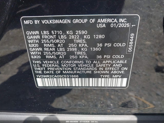 2025 Volkswagen Atlas 2.0t Se W/technology მანქანა იყიდება აუქციონზე, vin: 1V2WR2CA0SC531666, აუქციონის ნომერი: 45636598