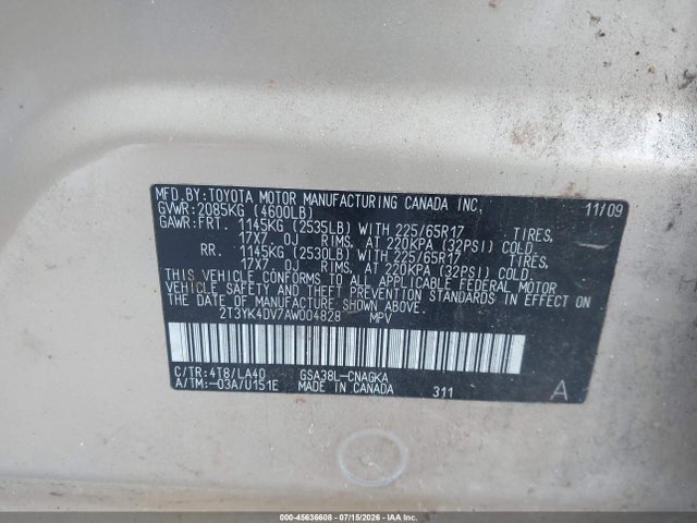 Aukcja sprzedaży 2010 Toyota Rav4 Limited V6, vin: 2T3YK4DV7AW004828, numer aukcji: 45636608