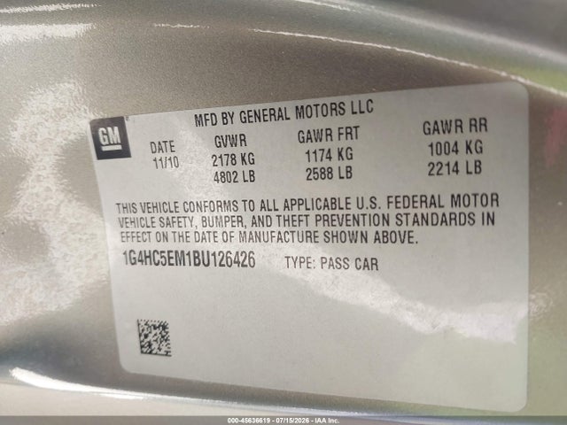 Aukcja sprzedaży 2011 Buick Lucerne Cxl, vin: 1G4HC5EM1BU126426, numer aukcji: 45636619