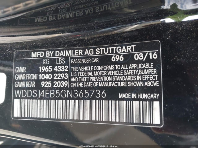 45636620 :رقم المزاد ، WDDSJ4EB5GN365736 vin ، 2016 Mercedes-benz Cla 250 مزاد بيع