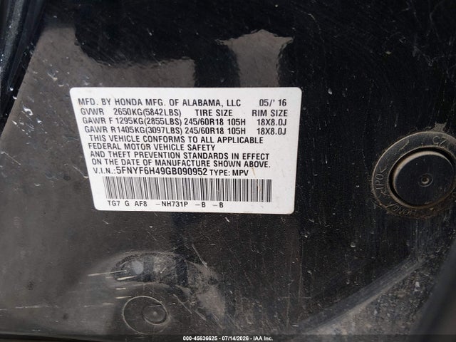 Honda Pilot Ex 2016 5FNYF6H49GB090952 Image 9