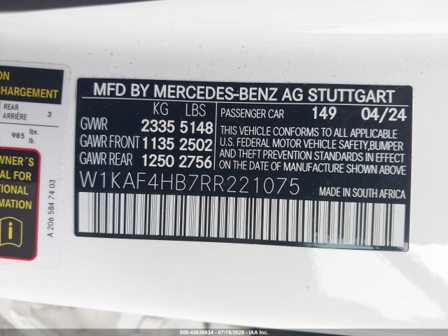 45636634 :رقم المزاد ، W1KAF4HB7RR221075 vin ، 2024 Mercedes-benz C 300 مزاد بيع
