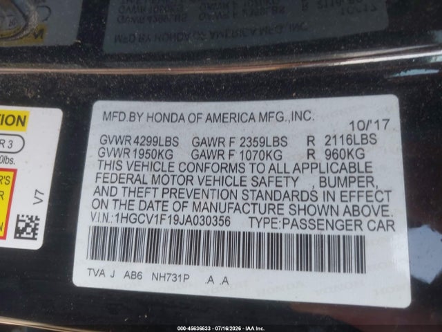 Honda ACCORD LX 2018 1HGCV1F19JA030356 Image 9