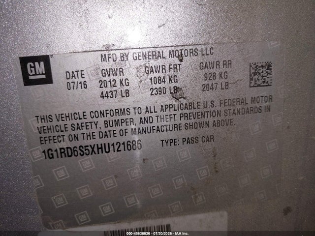 Продаж на аукціоні авто 2017 Chevrolet Volt Premier, vin: 1G1RD6S5XHU121686, номер лоту: 45636636