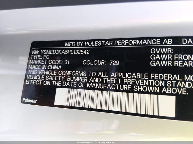 Aukcja sprzedaży 2023 Polestar 2 Long Range Dual Motor/long Range Dual Motor Plus, vin: YSMED3KA5PL132542, numer aukcji: 45636640
