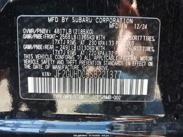 2025 Subaru Crosstrek Premium მანქანა იყიდება აუქციონზე, vin: JF2GUHDC5S8221377, აუქციონის ნომერი: 45636643