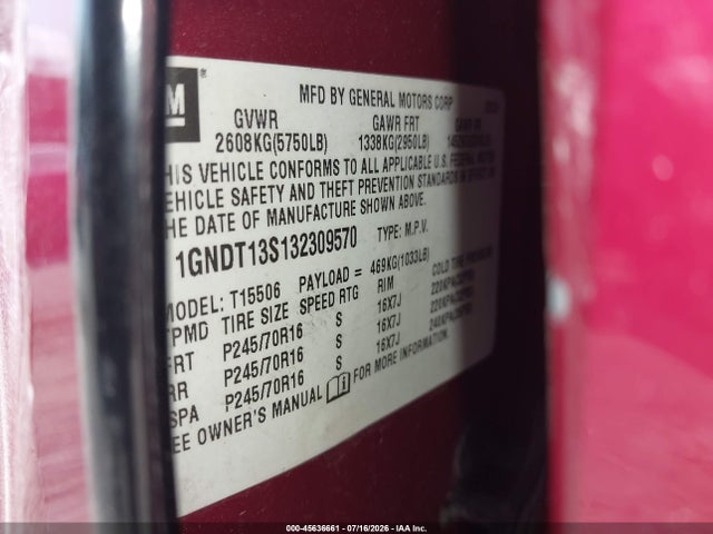45636661 :رقم المزاد ، 1GNDT13S132309570 vin ، 2003 Chevrolet Trailblazer Lt مزاد بيع