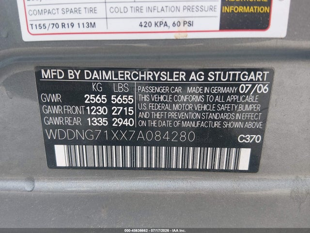 45636662 :رقم المزاد ، WDDNG71XX7A084280 vin ، 2007 Mercedes-benz S 550 مزاد بيع