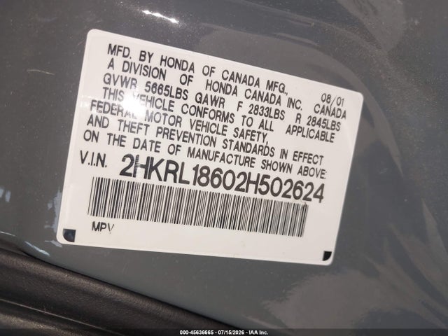 45636665 :رقم المزاد ، 2HKRL18602H502624 vin ، 2002 Honda Odyssey Ex مزاد بيع