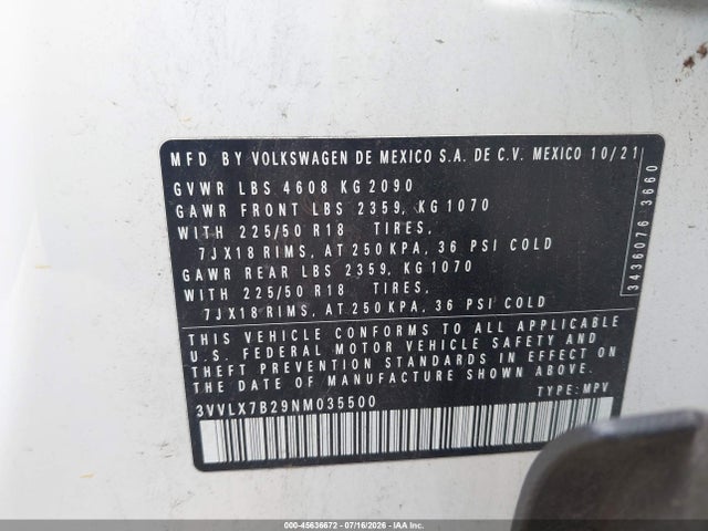 45636672 :رقم المزاد ، 3VVLX7B29NM035500 vin ، 2022 Volkswagen Taos 1.5t Se مزاد بيع