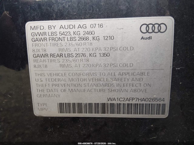 Продаж на аукціоні авто 2017 Audi Q5 2.0t Premium, vin: WA1C2AFP7HA026564, номер лоту: 45636676