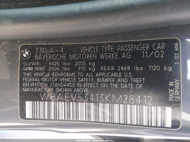 45636679 :رقم المزاد ، WBAEV53413KM28412 vin ، 2003 Bmw 3 Series 330i مزاد بيع