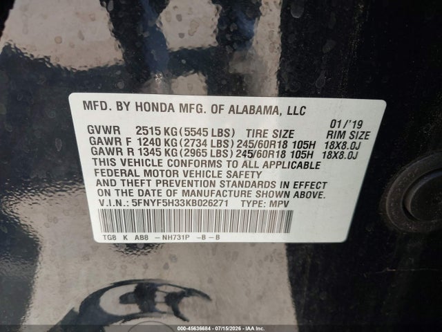 5FNYF5H33KB026271 Honda Pilot Ex