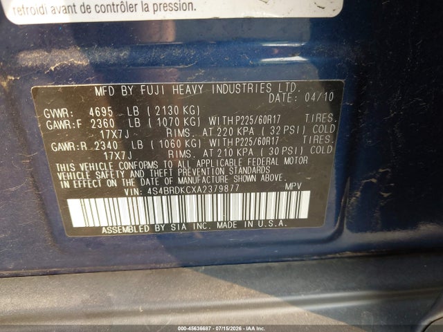 45636687 :رقم المزاد ، 4S4BRDKCXA2379877 vin ، 2010 Subaru Outback 3.6r Limited مزاد بيع