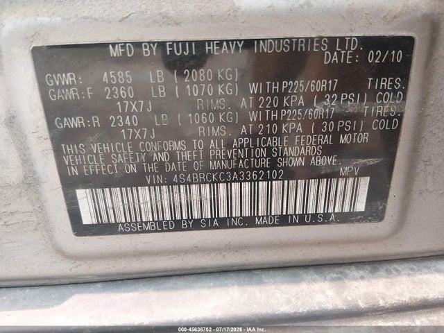 2010 Subaru Outback 2.5i Limited მანქანა იყიდება აუქციონზე, vin: 4S4BRCKC3A3362102, აუქციონის ნომერი: 45636702