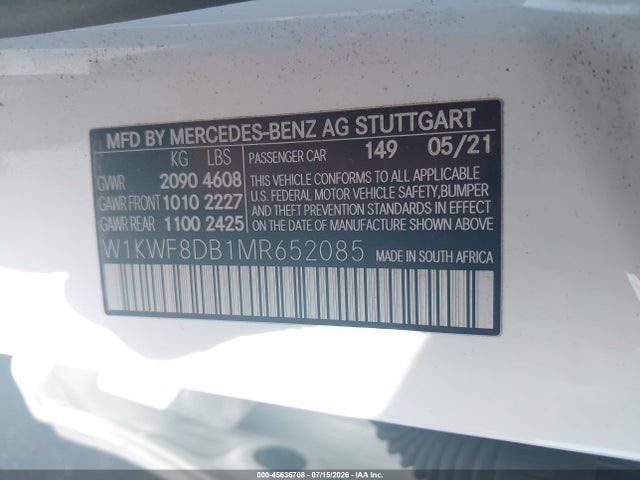 2021 Mercedes-benz C 300 Sedan მანქანა იყიდება აუქციონზე, vin: W1KWF8DB1MR652085, აუქციონის ნომერი: 45636708