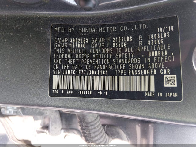 Продажа на аукционе авто 2018 Honda Civic Ex-l, vin: JHMFC1F77JX044161, номер лота: 45636713