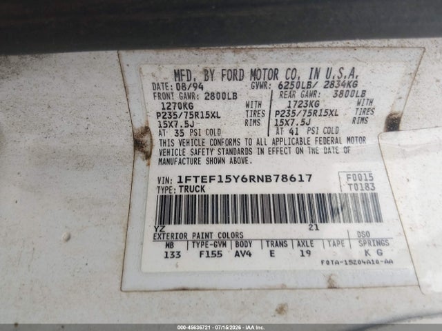 Aukcja sprzedaży 1994 Ford F150, vin: 1FTEF15Y6RNB78617, numer aukcji: 45636721