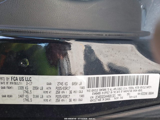 Aukcja sprzedaży 2017 Dodge Grand Caravan Gt, vin: 2C4RDGEG4HR691321, numer aukcji: 45636749