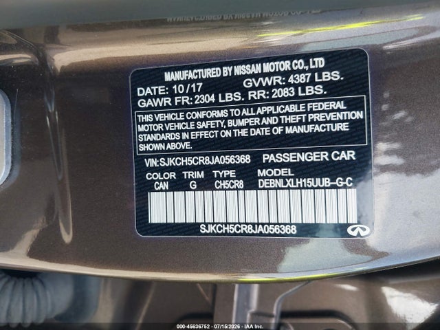 2018 Infiniti Qx30 Luxury მანქანა იყიდება აუქციონზე, vin: SJKCH5CR8JA056368, აუქციონის ნომერი: 45636752