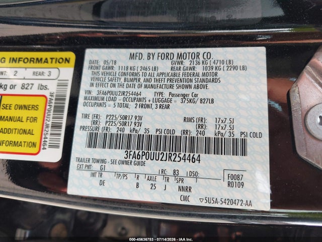 2018 Ford Fusion Hybrid S მანქანა იყიდება აუქციონზე, vin: 3FA6P0UU2JR254464, აუქციონის ნომერი: 45636753