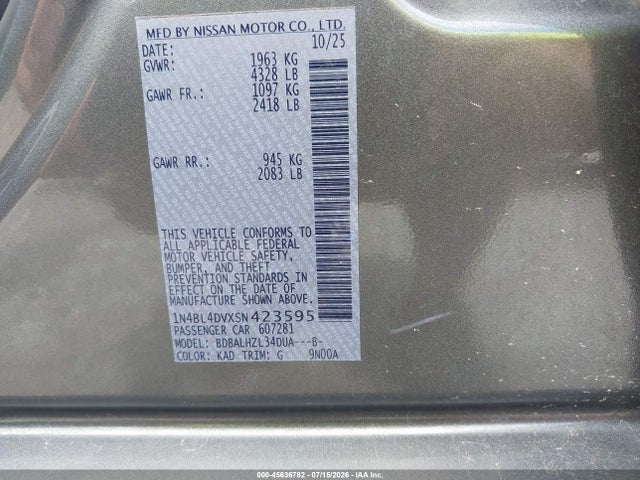 Продаж на аукціоні авто 2025 Nissan Altima Sv Fwd, vin: 1N4BL4DVXSN423595, номер лоту: 45636782