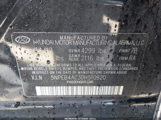 Aukcja sprzedaży 2013 Hyundai Sonata Gls, vin: 5NPEB4AC3DH510920, numer aukcji: 45636784