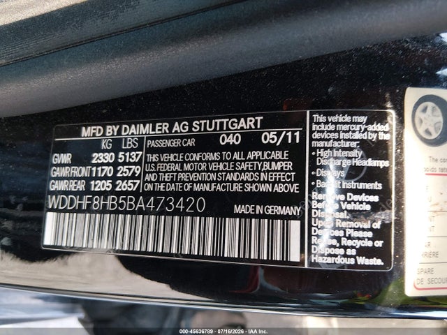 45636789 :رقم المزاد ، WDDHF8HB5BA473420 vin ، 2011 Mercedes-benz E 350 4matic مزاد بيع