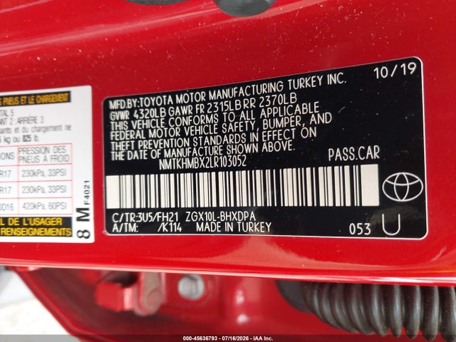 Aukcja sprzedaży 2020 Toyota C-hr Le, vin: NMTKHMBX2LR103052, numer aukcji: 45636793