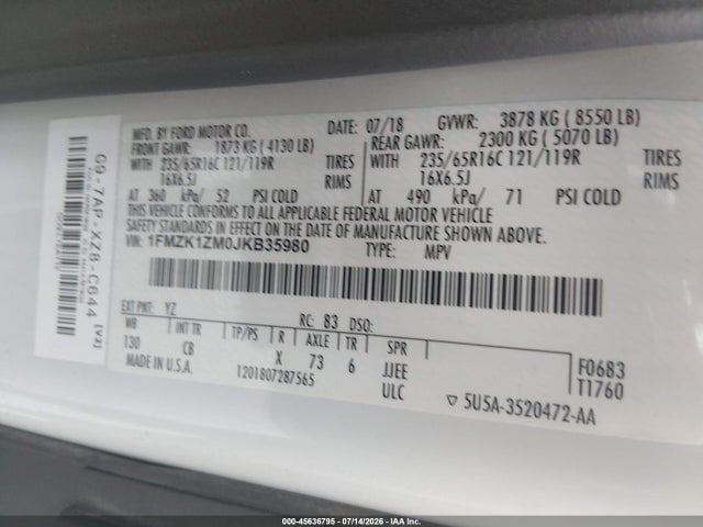 1FMZK1ZM0JKB35980 Ford Transit-150 Xl
