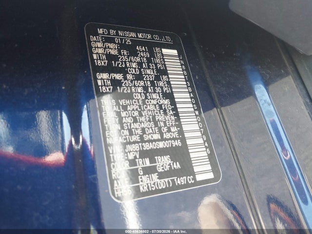 2025 Nissan Rogue Sv Fwd მანქანა იყიდება აუქციონზე, vin: JN8BT3BA0SW007946, აუქციონის ნომერი: 45636802