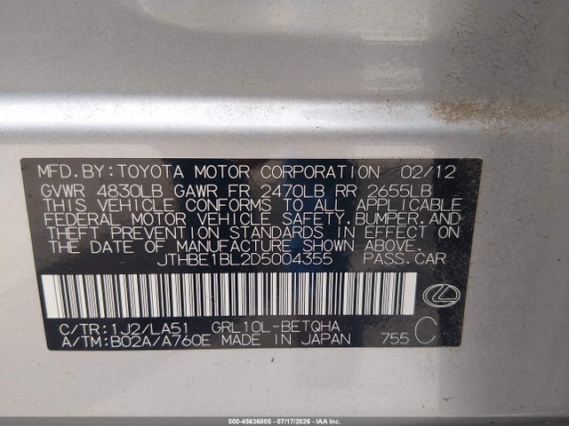 Aukcja sprzedaży 2013 Lexus Gs 350, vin: JTHBE1BL2D5004355, numer aukcji: 45636805