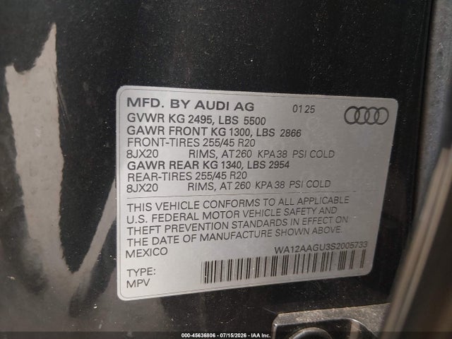 Aukcja sprzedaży 2025 Audi All-new Q5 Premium Plus Tfsi Quattro S Tronic, vin: WA12AAGU3S2005733, numer aukcji: 45636806