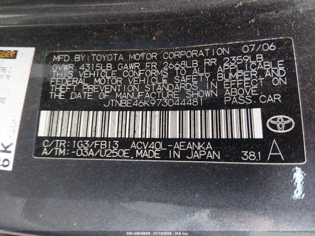 Aukcja sprzedaży 2007 Toyota Camry Le, vin: JTNBE46K973044481, numer aukcji: 45636809