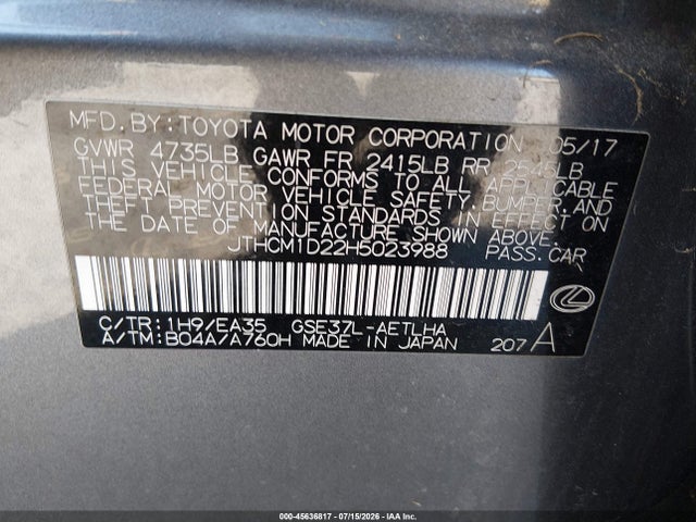 Продажа на аукционе авто 2017 Lexus Is 300, vin: JTHCM1D22H5023988, номер лота: 45636817
