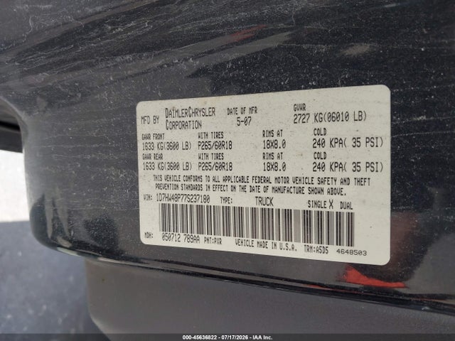 Продажа на аукционе авто 2007 Dodge Dakota Slt, vin: 1D7HW48P77S237180, номер лота: 45636822