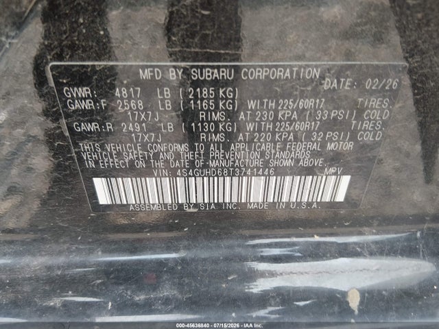 Aukcja sprzedaży 2026 Subaru Crosstrek Premium, vin: 4S4GUHD68T3741446, numer aukcji: 45636840