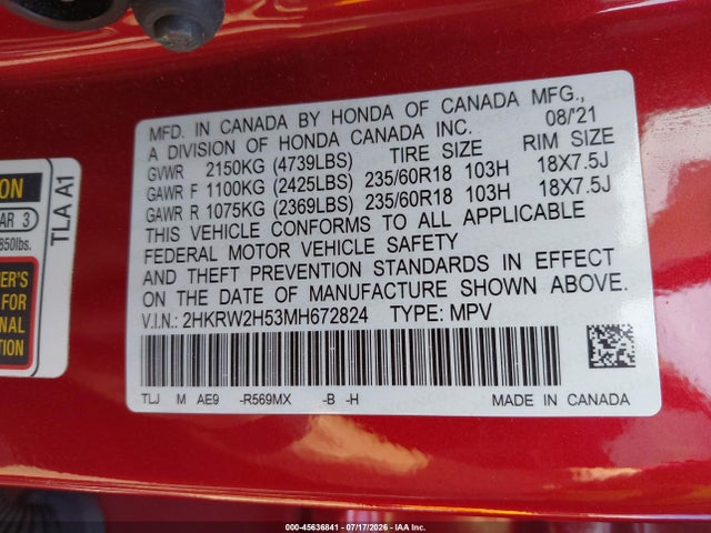 45636841 :رقم المزاد ، 2HKRW2H53MH672824 vin ، 2021 Honda Cr-v Awd Ex مزاد بيع