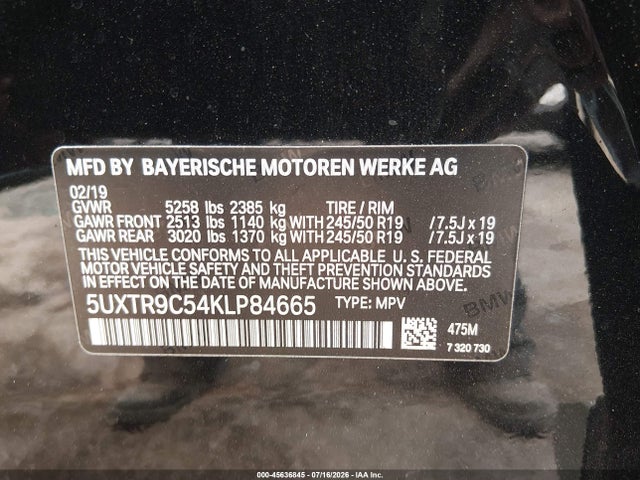 Продажа на аукционе авто 2019 Bmw X3 Xdrive30i, vin: 5UXTR9C54KLP84665, номер лота: 45636845