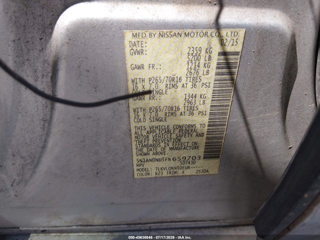 Продаж на аукціоні авто 2015 Nissan Xterra X, vin: 5N1AN0NU5FN659703, номер лоту: 45636846