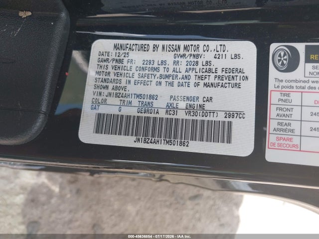 2026 Nissan Z Sport მანქანა იყიდება აუქციონზე, vin: JN1BZ4AH1TM501862, აუქციონის ნომერი: 45636854