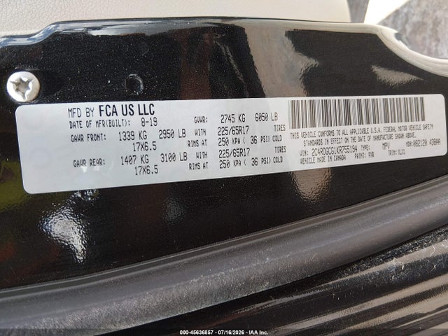 2019 Dodge Grand Caravan Sxt მანქანა იყიდება აუქციონზე, vin: 2C4RDGCG1KR755194, აუქციონის ნომერი: 45636857