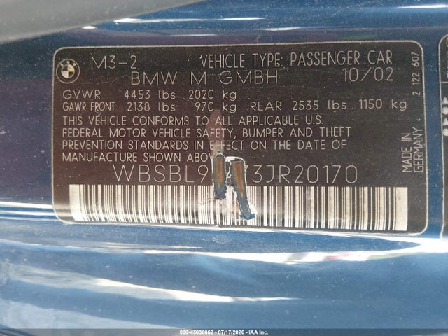 Продаж на аукціоні авто 2003 Bmw 3 Series M3, vin: WBSBL93473JR20170, номер лоту: 45636862