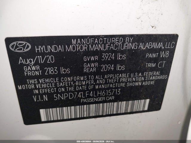 Продаж на аукціоні авто 2020 Hyundai Elantra Se, vin: 5NPD74LF4LH615713, номер лоту: 45636864