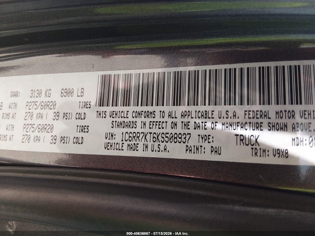 45636867 :رقم المزاد ، 1C6RR7KT6KS508937 vin ، 2019 Ram 1500 Classic Express  4x4 5'7 Box مزاد بيع