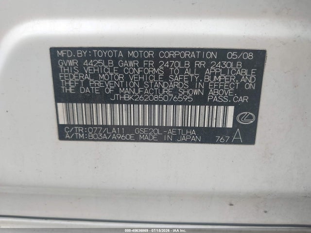 Aukcja sprzedaży 2008 Lexus Is 250, vin: JTHBK262085076595, numer aukcji: 45636869