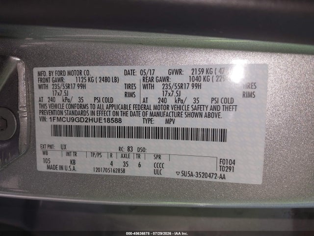 Ford ESCAPE SE 2017 1FMCU9GD2HUE18588 Image 9