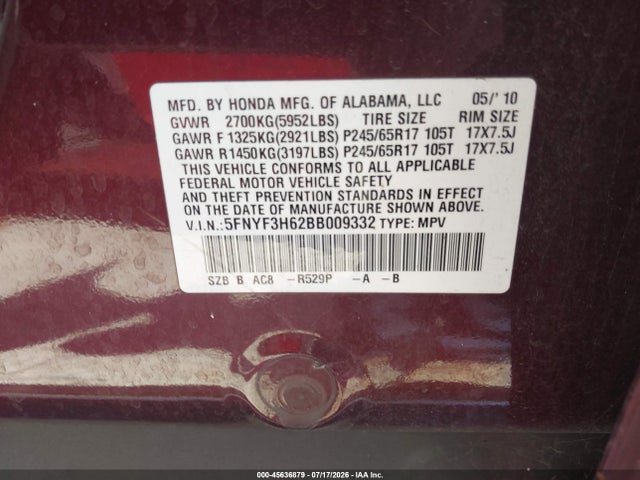 Продаж на аукціоні авто 2011 Honda Pilot Ex-l, vin: 5FNYF3H62BB009332, номер лоту: 45636879